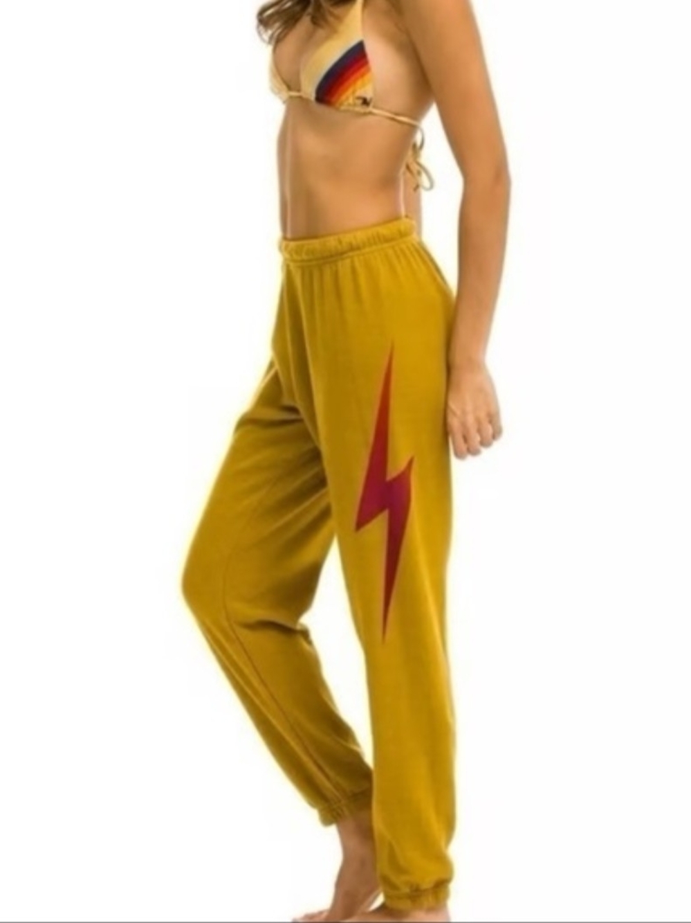 Aviator Nation Mustard Sweat Pants with Red Lightning Bolt